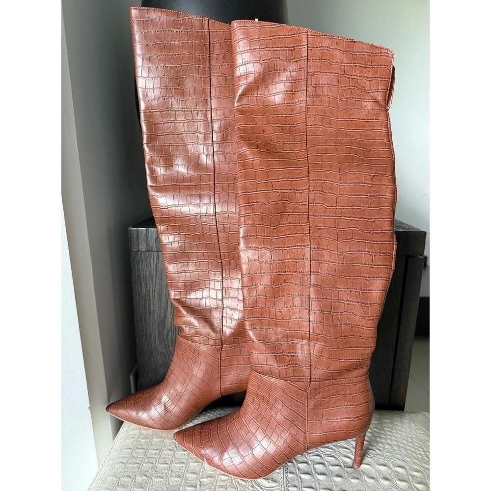 H&M Womens Knee High Boots Cognac Brown Faux Crocodile Pointed Stiletto Heel 39